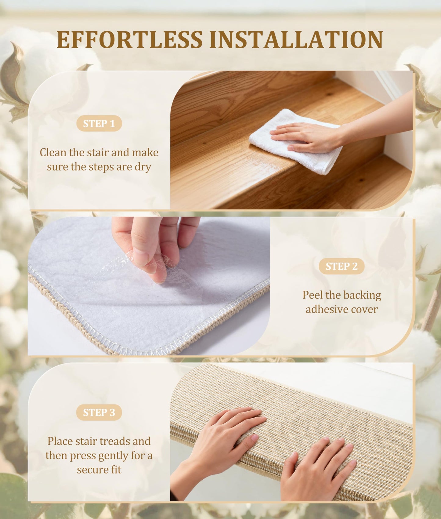 Bullnose Stair Treads for Wooden Steps: 14 Pack Bullnose Stair Carpet Treads Washable Non Slip Peel and Stick Carpet Runner for Wood Stairs 29.5"x9.5"x1.5" Beige and Natural