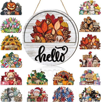 Yousoontic 17 Pcs 12 Inch Magnetic Welcome Door Sign Interchangeable Front Door Decor Rustic Fall Seasonal Hanging Sign Halloween Christmas Decor for Home Warming Gift(Lovely Color,Hello)