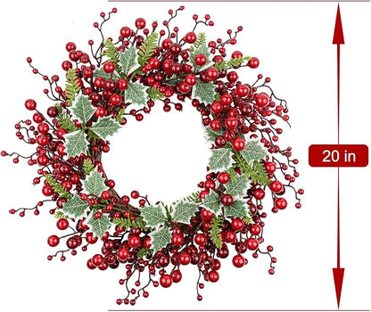 JINGHONG Artificial Christmas Wreath 20 Inch Christmas Wreaths for Front Door Red Berry Wreath with Holly Berries Leaves Pine Needles for Indoor Outdoor Xmas Winter Holidays