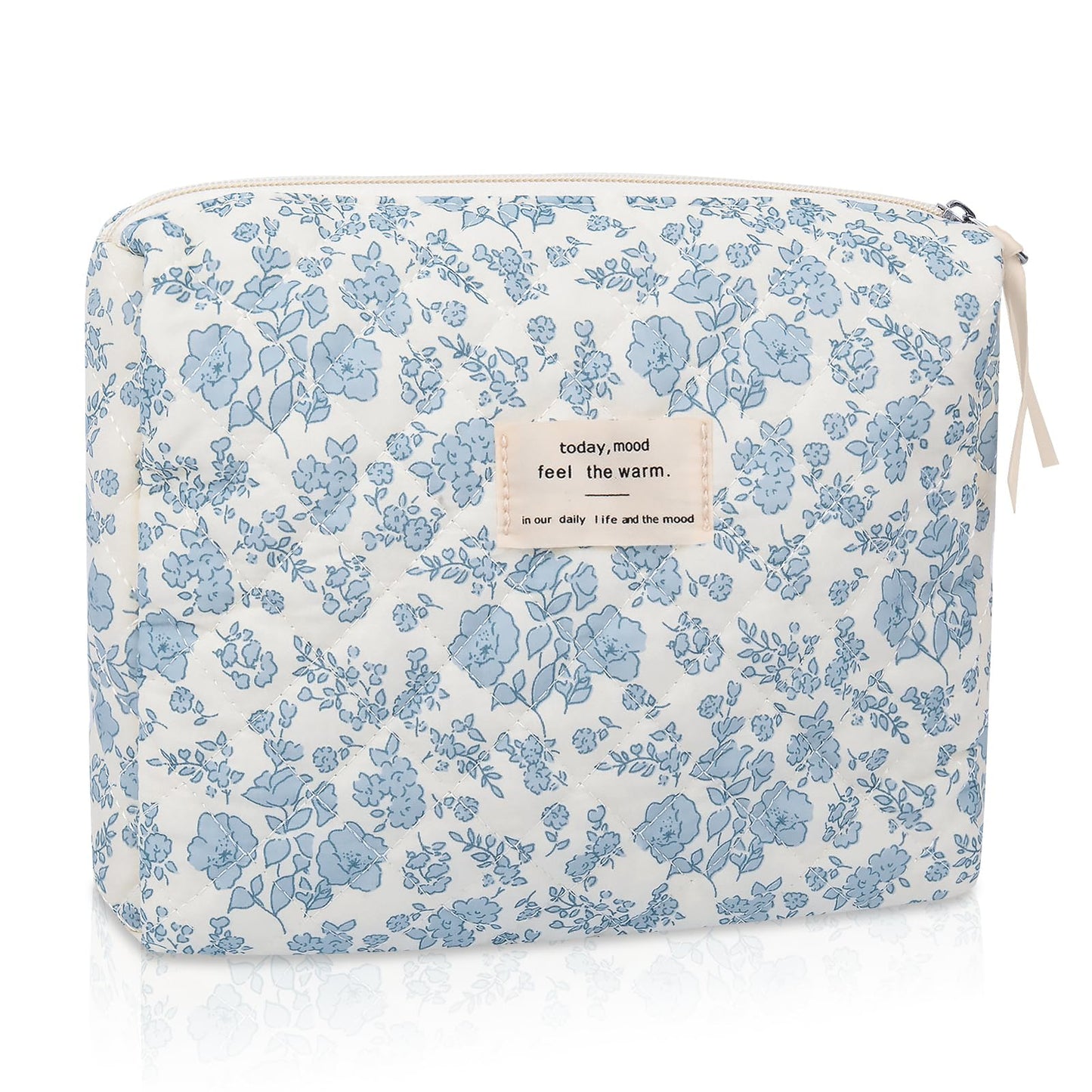 Gosect Large Makeup Bag, Cute Cosmetic Bag for Women Girls, Floral Coquette Aesthetic Toiletry Bag, Travel Make Up Organizer Bag(Blue Floral)