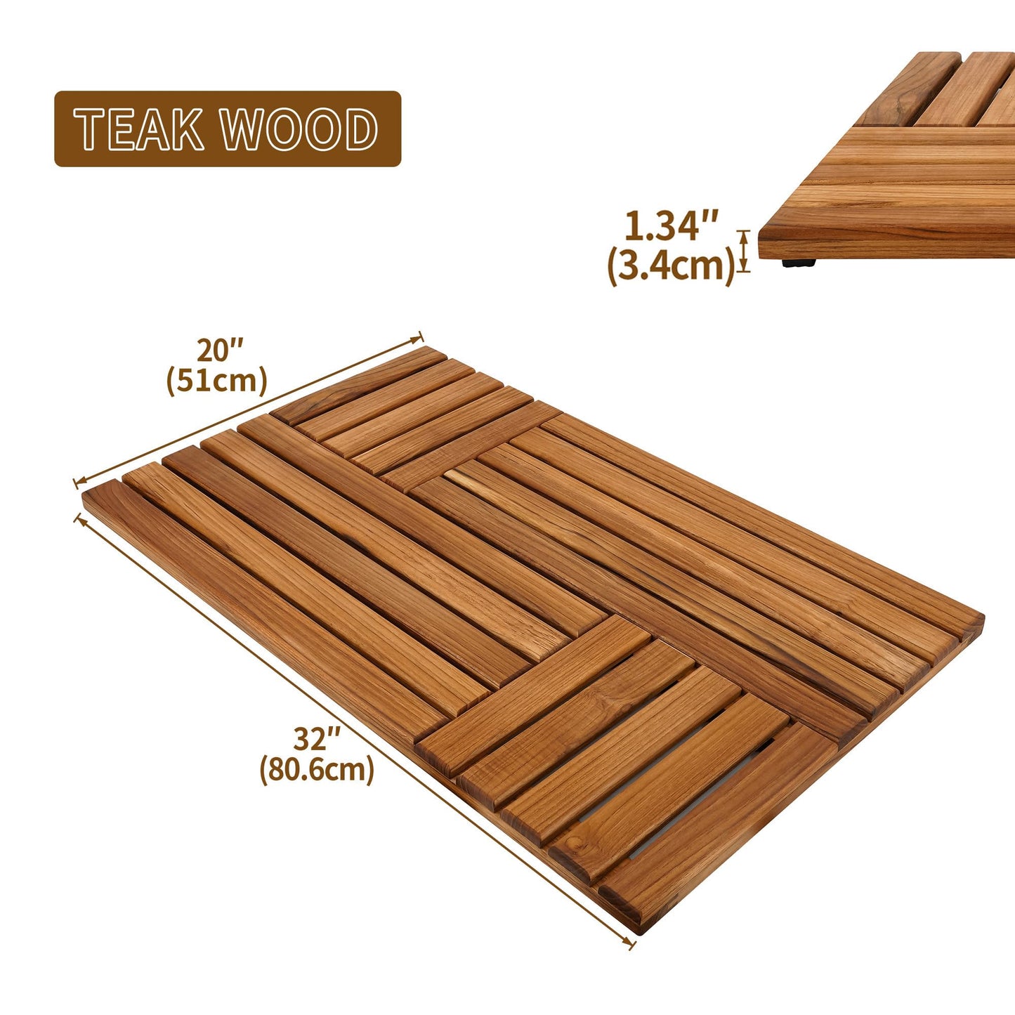 Utoplike Teak Wood Bath Mat, 32 x 20 inch Large Wooden Shower Mat for Bathroom, Non Slip Wood Floor Sturdy Mat for Inside Shower Luxury Spa Home or Outdoor