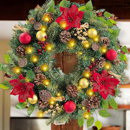 WANNA-CUL Pre-Lit 24 Inch Lighted Christmas Wreath for Front Door Luxury Red Gold Christmas Door Wreath Decoration with Ball Ornaments, Poinsettia Flowers,Berries, and Lotus, Battery Operated 30 LED