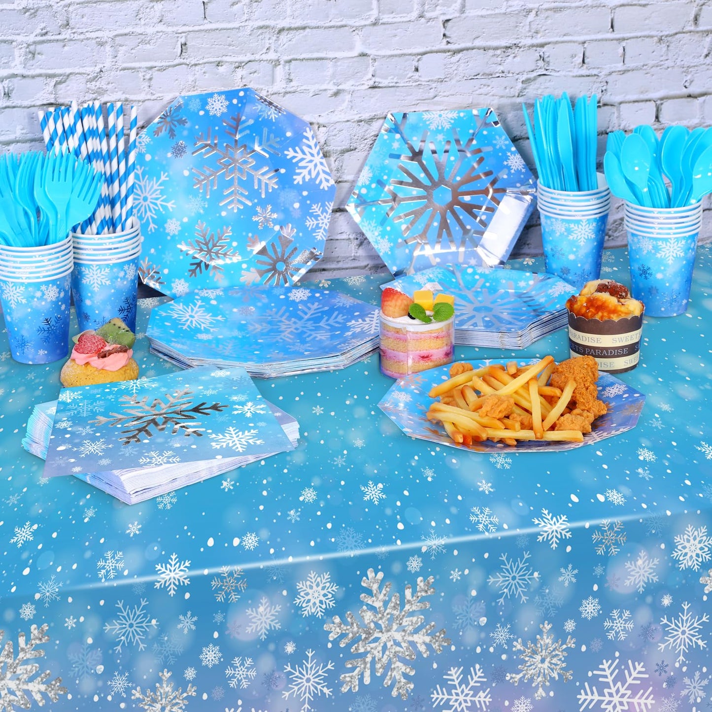 durony 201 Pieces Winter Snowflake Party Tableware Supplies Frozen Birthday Silver Stamping Snowflake Paper Plates Napkins Cups Straws Cutlery Tablecloth for Winter Frozen Party Supplies, Serve for 25