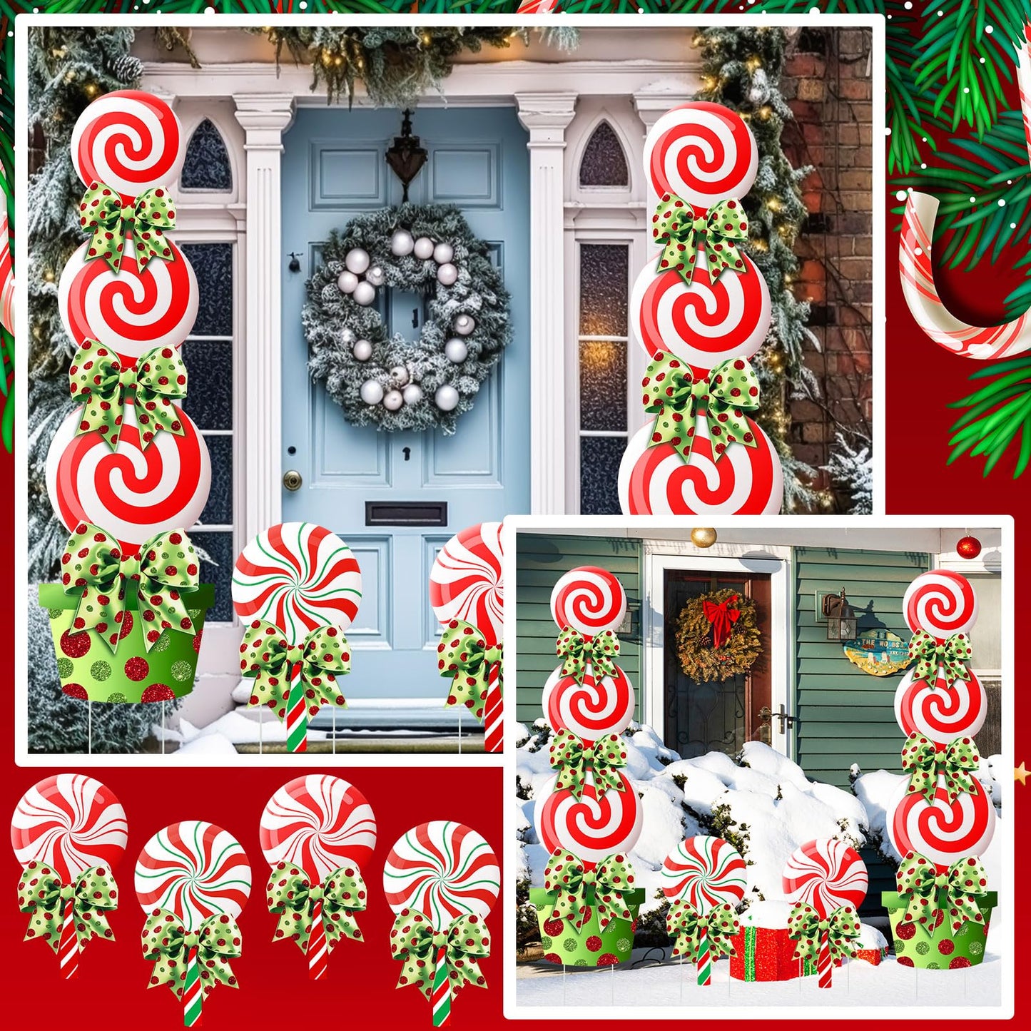 Meonum 4 Pcs Peppermint Candy Christmas Decorations Outdoor Large Christmas Yard Stakes Lime Green and Red Xmas Candy Garden Lawn Signs with Stakes and Bow for Home Pathway Walkway Party Decor(Green)