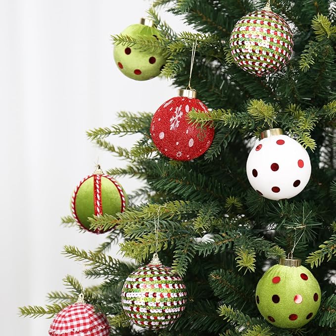 80MM/3.14" Velvet Christmas Ball Ornaments, 12PCS Shatterproof Flocking Foam Ornaments Set for Christmas Tree Hanging Decorations, for Home Holiday Party Indoor Xmas Decor. (Red/Green/White)