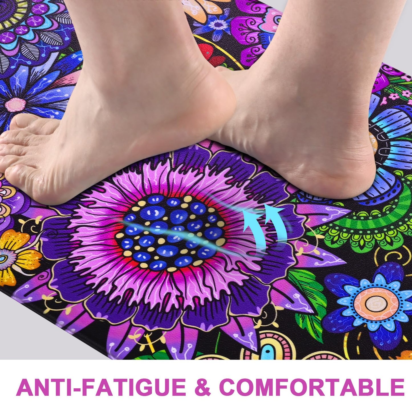 Likiyol Boho Kitchen Rugs Boho Floral Anti Fatigue Kitchen Mat for Floor Bohemian Flowers Non Slip Washable Kitchen Floor Mats, Comfort Standing Mat for Sink, Laundry, 18''x48'', 0.47" Th, Purple
