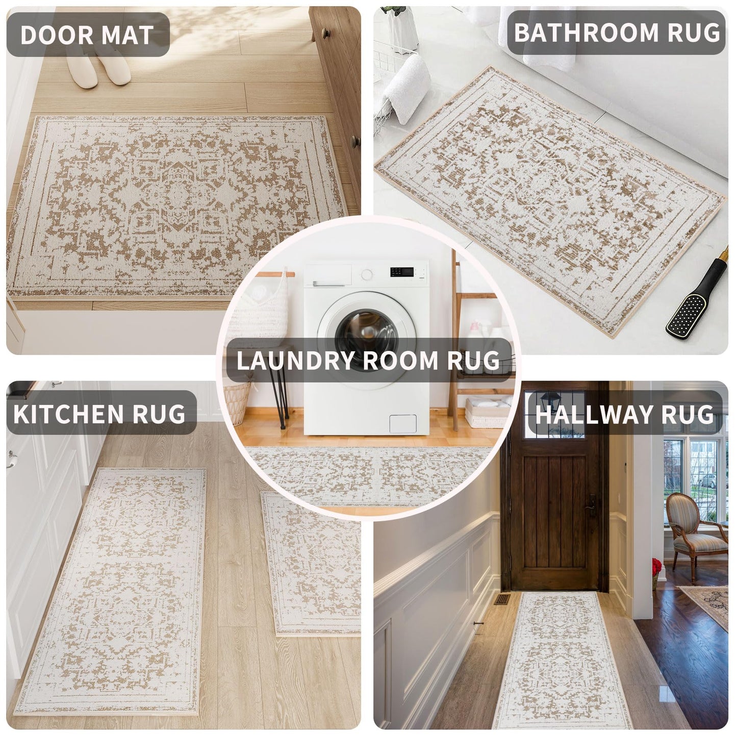 MATKIK Vintage Runner Rug Non Slip for Hallway Bathroom Kitchen 2x6 ft, Ultra Soft Boho Carpet Runner with Low Pile Design Machine Washable Runner Rugs for Entryway Laundry Living Room (Khaki, 2'x6')