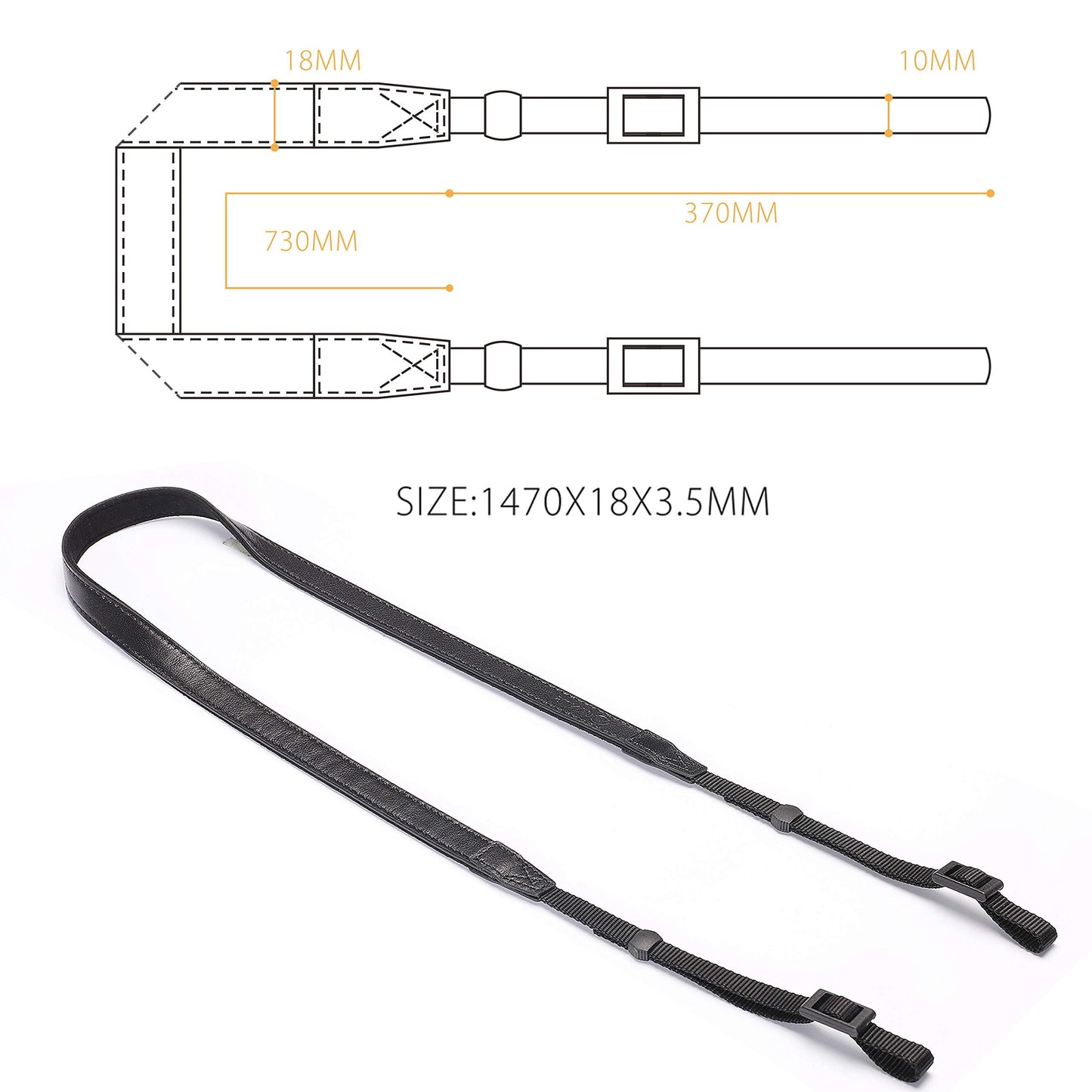 CANPIS CP008 Leather Camera Shoulder Neck Strap compatible with Canon Nikon Leica Fuji Sony Olympus etc. Black Color, Adjustable Length, Slim with Flocking Comfortable Pad