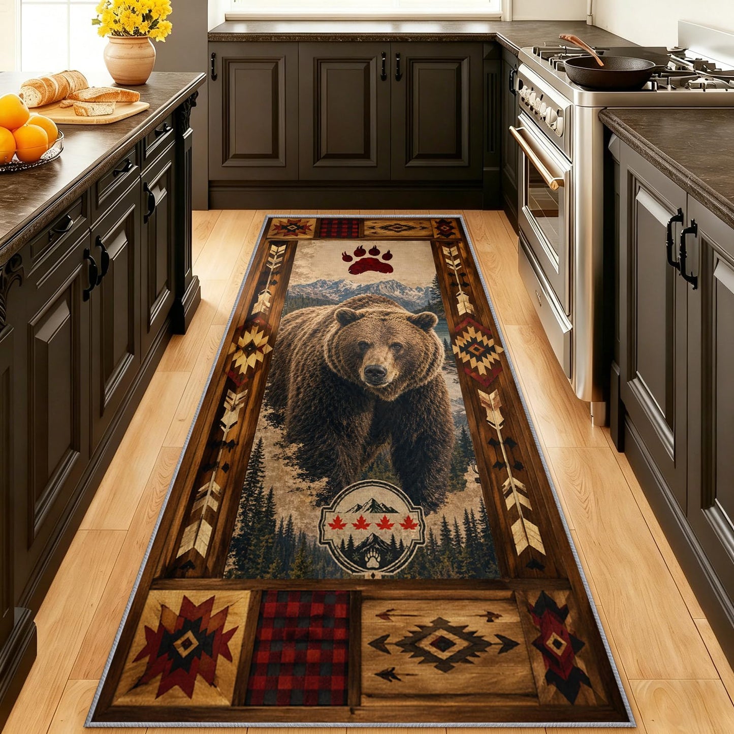 Brown Bear Runner Rug 3x8 Rustic Lodge Hallway Runner Rug, Farmhouse Rugs, Western Rugs for Hallway, Non-Slip Washable Low Pile Entryway Carpet for Kitchen Living Room Bedroom