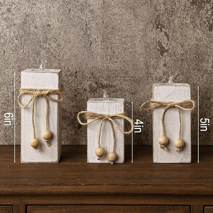 MelonBoat Rustic Flameless LED Candles 3-Pack, Battery Operated Candles with Wooden Candle Holders, White Rustic Farmhouse Decor, Farmhouse Candle Holder for Valentines Holiday Party Home Decor