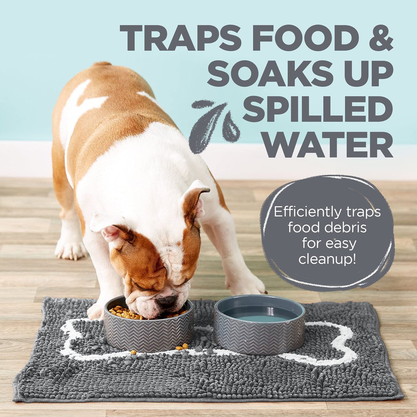 Soggy Doggy Slopmat Dog Food Mat – Absorbent Microfiber Chenille Pet Feeding Mat for Food & Water Bowls, Muddy Paws Small Doormat, Non-Slip, Machine Washable Rug – Gray/Light Gray Bone, 18” x 24”