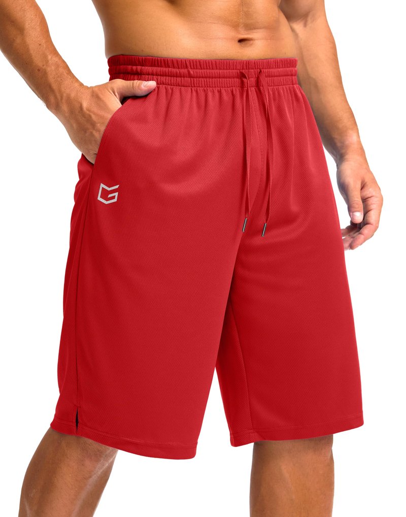 Men's Athletic Shorts with Pockets 9" / 11" Long Basketball Shorts Lightweight Quick Dry Gym Workout Shorts for Men(Red,XL)