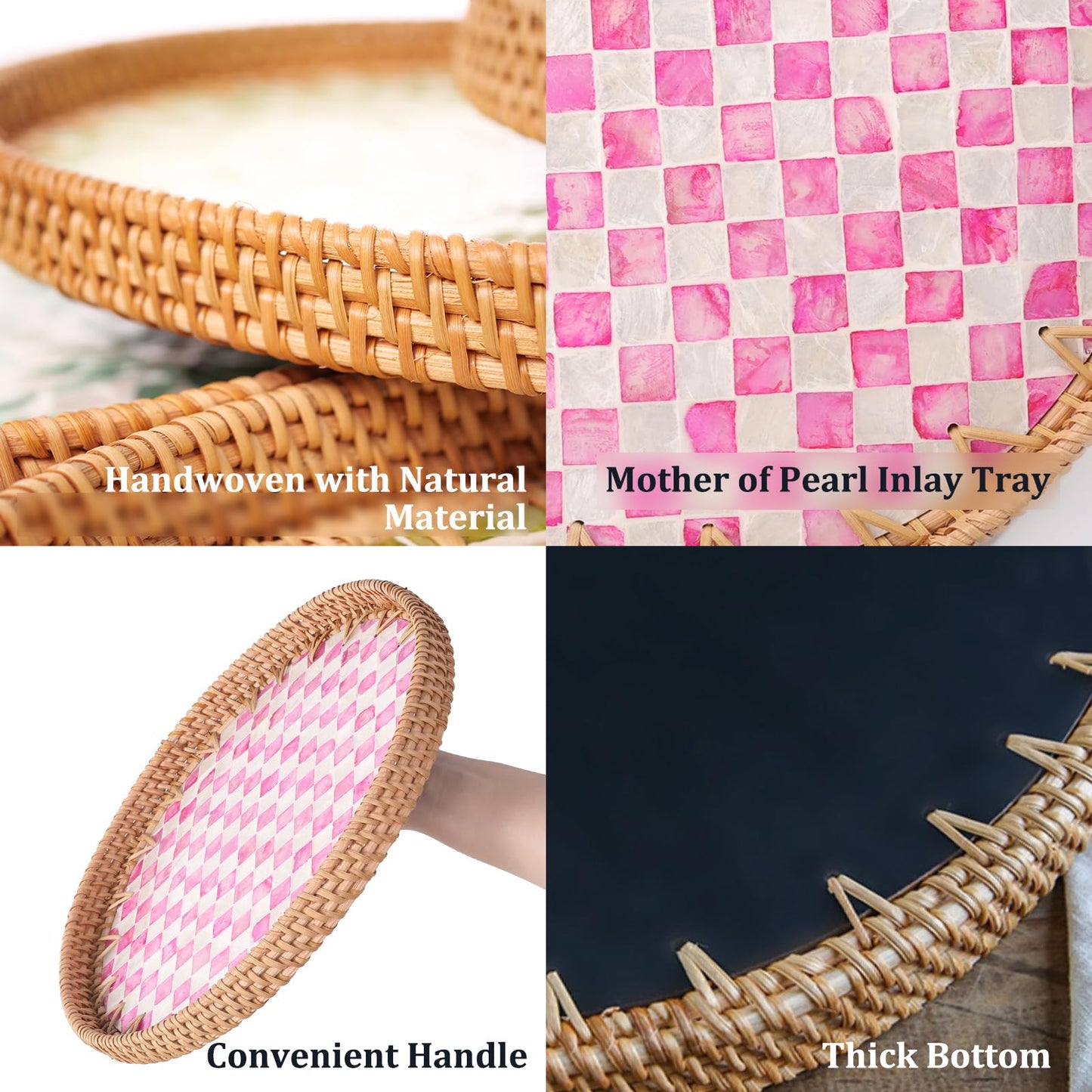 Tynulox Round Rattan Tray with Mother of Pearl Inlay, Rattan Serving Tray for Coffee, Bread, Fruits, Decorative Wicker Tray for Table Decor, Home Decor, Kitchen Island Decor(Pink Checkerboard, 11.8")