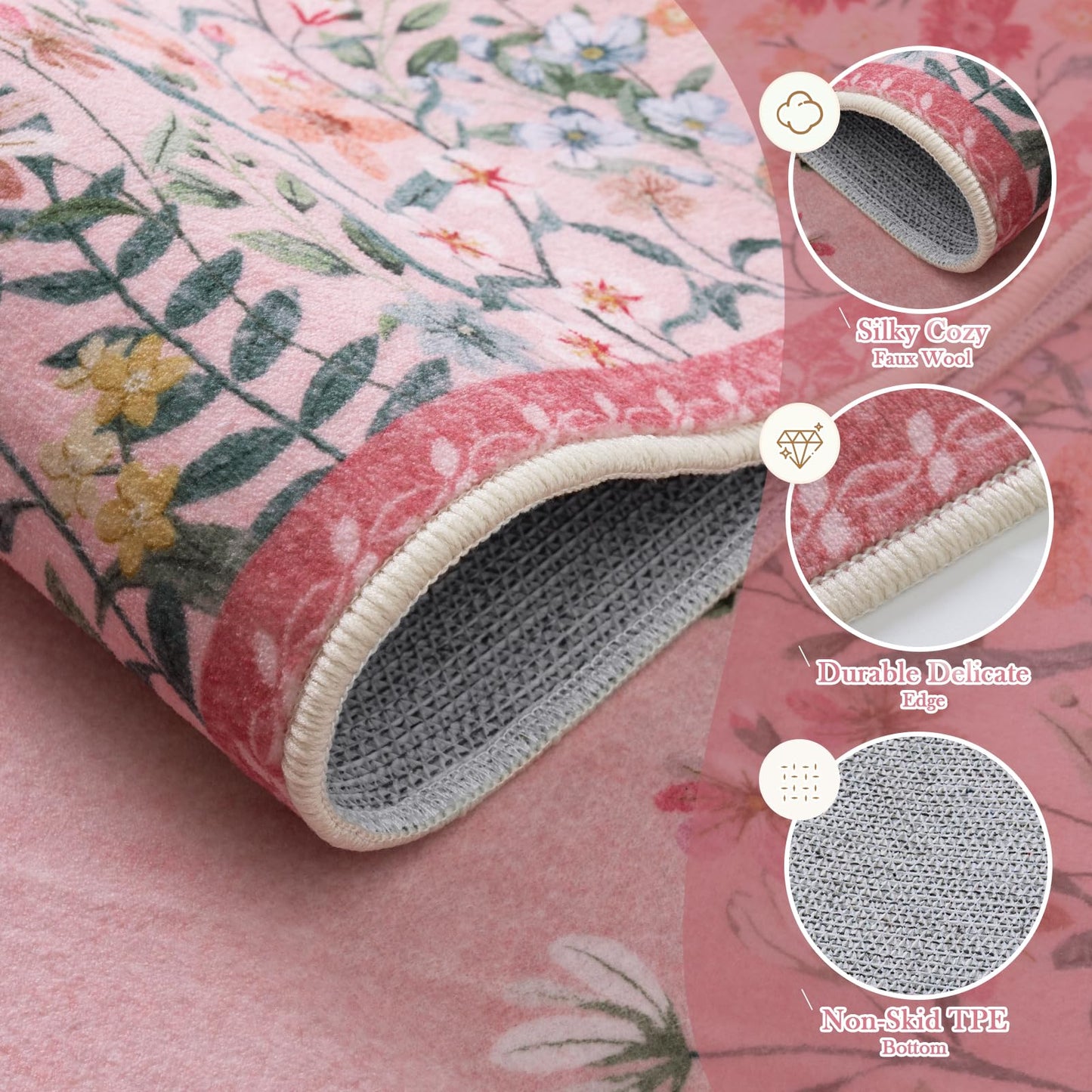 Wonnitar 5ft Round Washable Area Rug, Pink Floral Nursery Rug, Low Pile Soft Circle Rug for Kids Playroom, Boho Flower Accent Carpet, Girls Room Vanity Decor (5ft Round Pink)