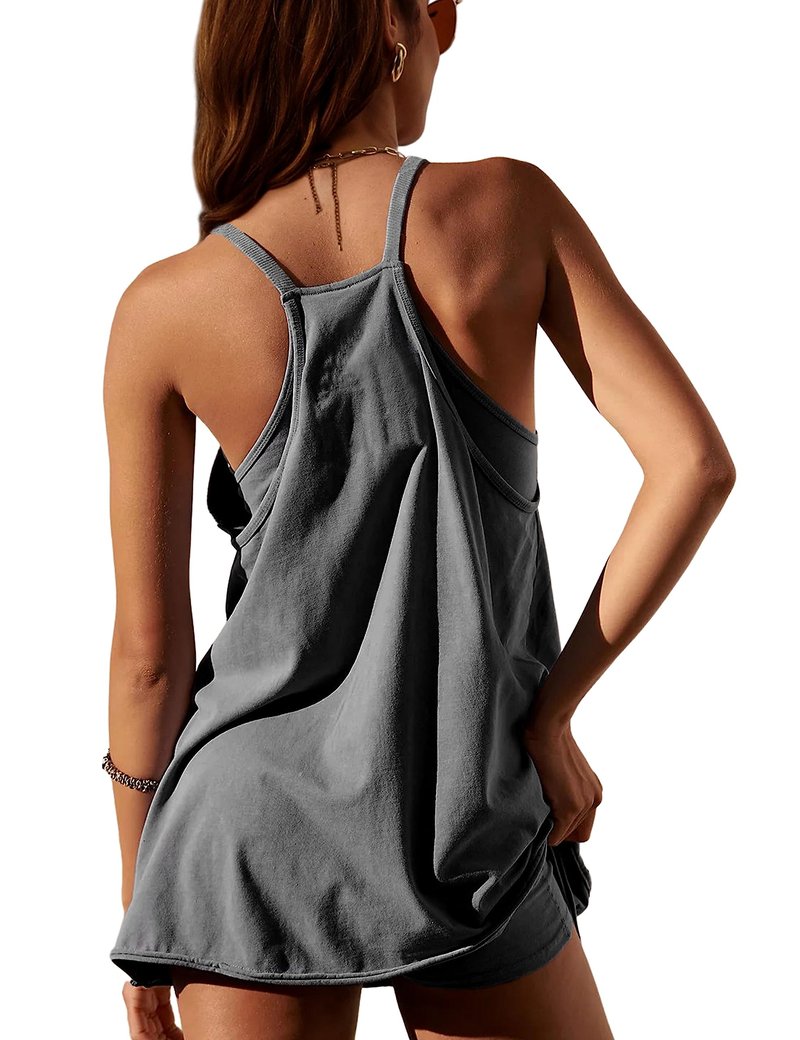 Lentta Womens Athletic Sleeveless Mini Dress with Built-in Shorts V Neck Spaghetti Strap Sundress(Darkgrey-XS)
