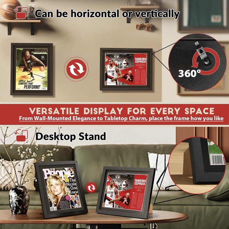 JupDec Sports Magazine Frame 4 Pack, Premium Wood Display Case for 8" x 10.5" Magazines, Wall Mount or Tabletop Stand, Layered Design with Positioning Mat, Perfect for Sports, Fashion & Home Decor