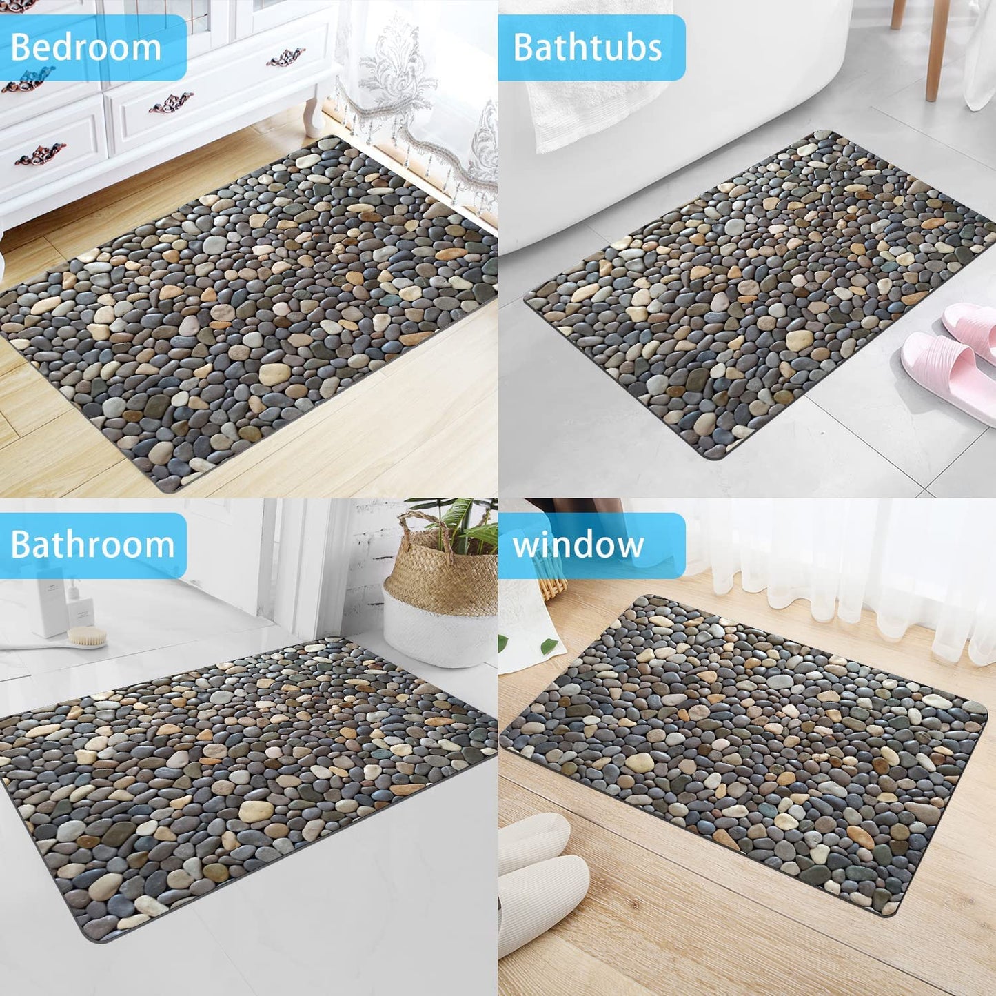 Rstick Pebble Stone Print Bathroom Rugs Non Slip Washable Cobblestone Pattern Bath Mat Small Rubber Backed Floor Mat 17"x24"