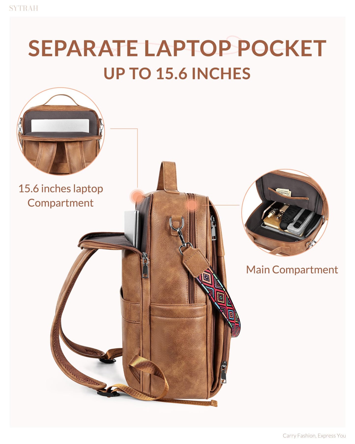 SYTRAH Leather Laptop Backpack for Women, 15.6 Inch Business Computer Bag, Designer College Backpack Travel Backpack with Colorful Shoulder Bag Strap Mocha Brown
