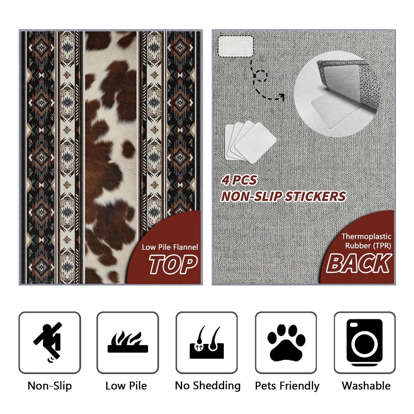SherAvant Western Rug - 4x6 Rug, Cowhide Aztec Cabin Rustic Area Rugs, Native American Low Pile Stain Resistant Floor Carpets House Decor (Grey/Brown/Black)