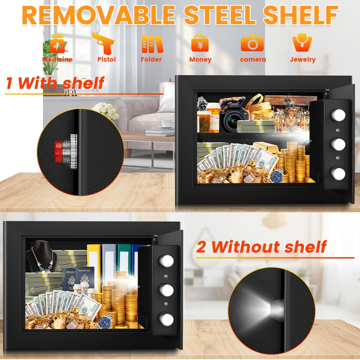 9.84"H Small Safe Box for Personal Privacy, 1.2 Cu Ft Security Safe with Fireproof Money Bag, Digital Safes with Combination Lock and Removable Shelf for Home Money Cash Medicine Documents