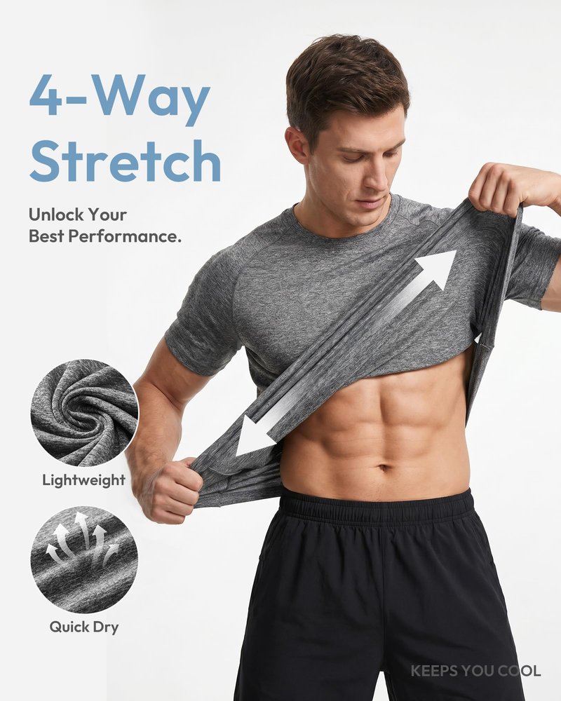MCPORO Workout Shirts for Men Short Sleeve Quick Dry Athletic Gym Active T Shirt Moisture Wicking 5 Pack Black, Dark Grey, Light Grey, Dark Blue, Aqua Small