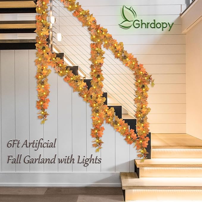 6 Ft Artificial Fall Garland with Lights - Autumn Maple Leaf f Thanksgiving Decor Hanging Vine Autumn Foliage Garland Used for Home Wedding Party Decor