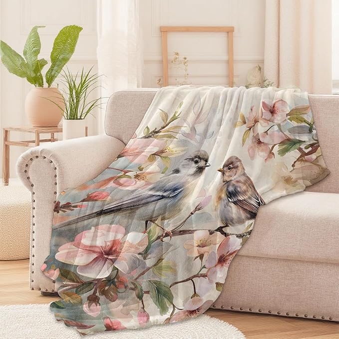 Bluebird Blossom Throw Blanket for Boys Girls Kids Adults Women, Fuzzy Warm Soft Cozy Flannel Blankets Gifts for Bedroom, Couch, Travel, Home Decor 60x80 in