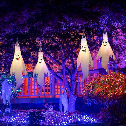 Halloween-Decorations-Outdoor Hanging-Ghost Windsocks for Trees with Timer, LED Ghosts to Hang in Tree Porch Yard, Waterproof, Timer,2 Pcs (No Batteries)