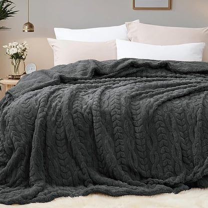 PHF Fluffy Sherpa Blanket Queen Size for Winter, Warm and Soft, 510GSM 3D Jacquard Thick Shaggy Fleece Plush Blanket for Sofa Bed, Dark Grey, 90"x90"
