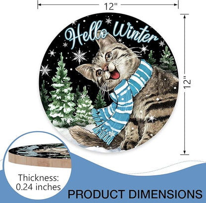 Deroro Hello Winter Cat Black Front Door Sign, Kitty Kitten Pine Tree Snowflakes Wood Door Hanger Outdoor Outside Porch Decor, Christmas Holiday Seasonal Wooden Wreath Indoor Wall Hanging Decoration