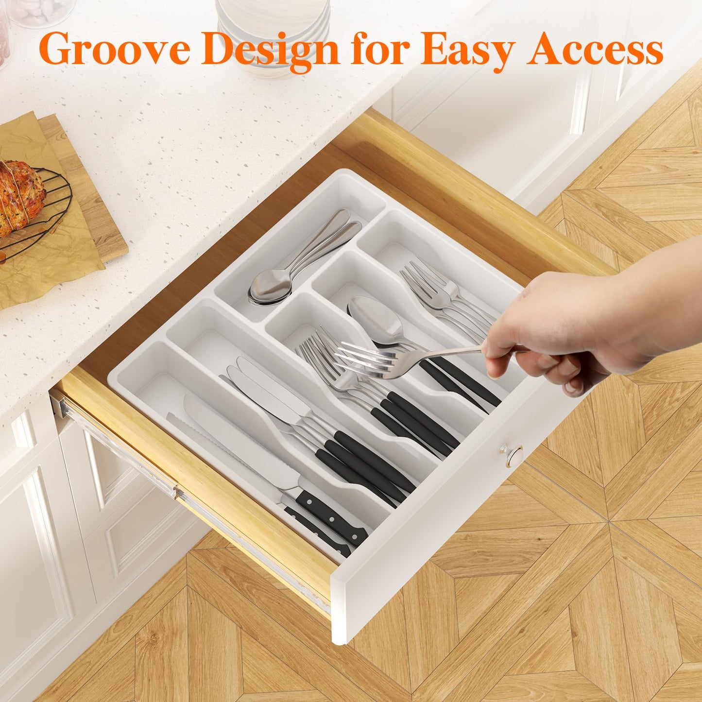 Lifewit Silverware Organizer with Lid, Covered Utensil Tray for Kitchen Drawer and Countertop, Plastic Cutlery and Flatware Storage Box for Spoons Forks Knives Holder Case, 6 Compartments, Black