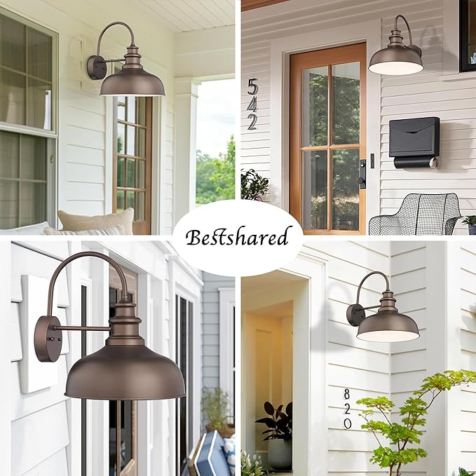 Bestshared 14 Inch Dome Gooseneck Barn Light,Farmhouse Wall Sconce, Outdoor Wall Mount Light, Exterior Lighting Fixture, Porch Lantern for Entryway, Garage,Patio (ORB+White, 14” Dome-1Pack)