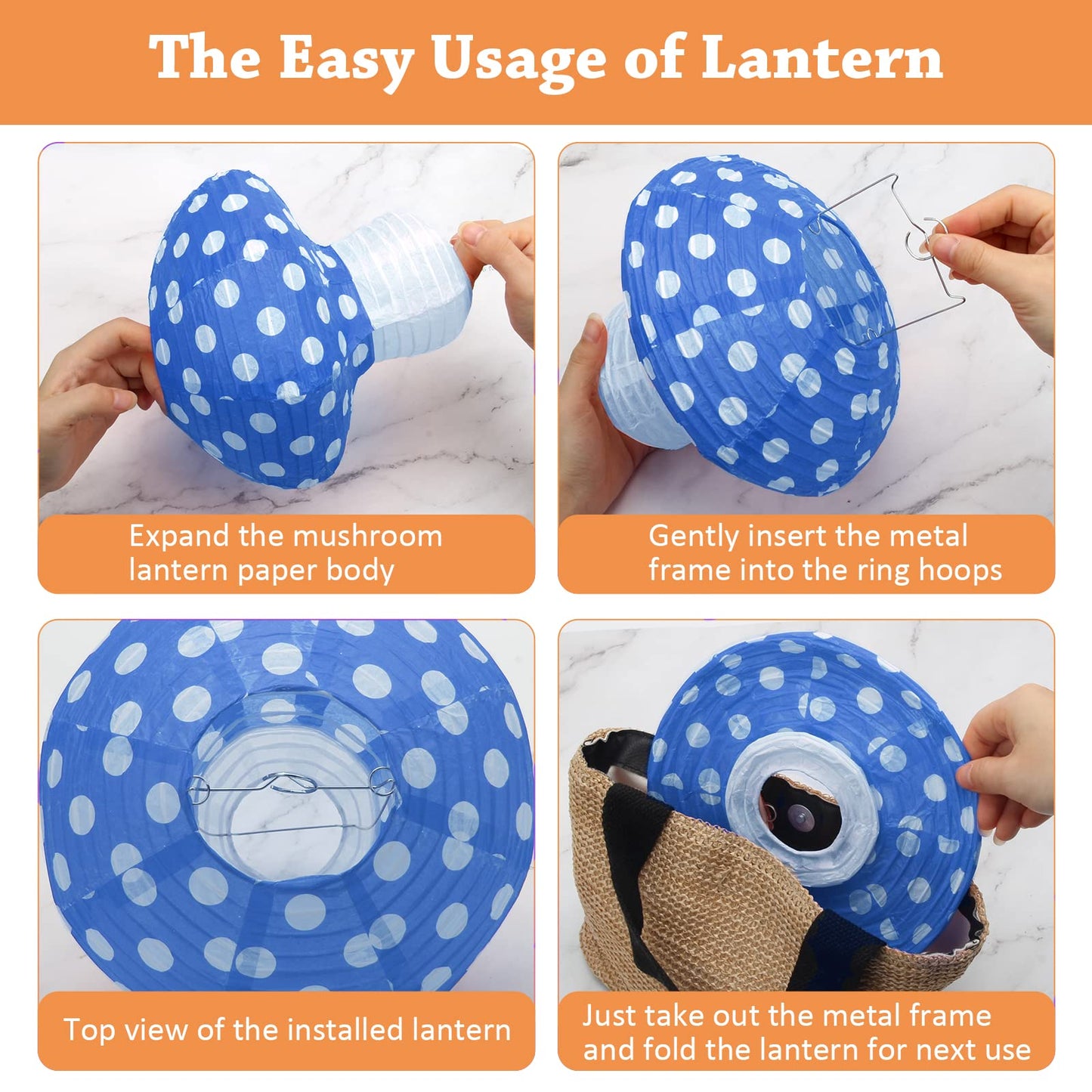 4Pcs Mushroom Shaped Paper Lanterns - Large Mushroom Shaped Lanterns For Nursery, Garden, Christmas Party Decoration - 8 inch, 12 inch (Blue)