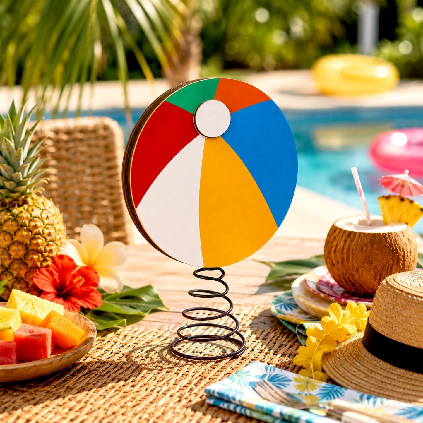 APUDWN 10 x 6.5 Inch Wood Beach Ball Tree Topper with LED Lights, Christmas in July Summer Tree Decorations for Tropical Pool Party Hawaiian Theme Battery Powered Beach Ball Holiday Decor