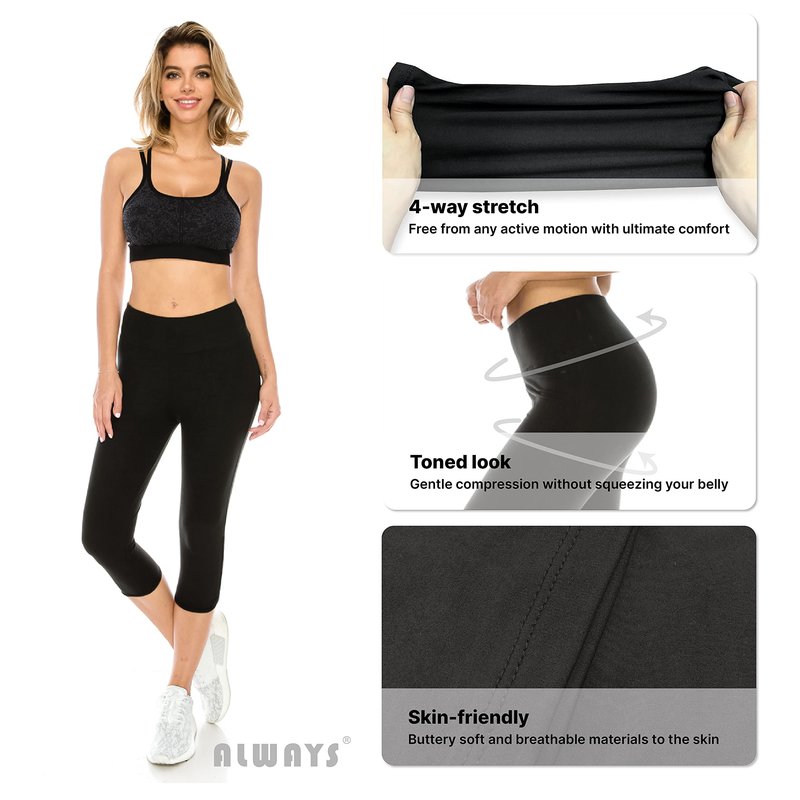 ALWAYS Women High Waisted Capri Leggings - Premium Buttery Soft Stretch Solid Basic Yoga Workout Pants Black Regular