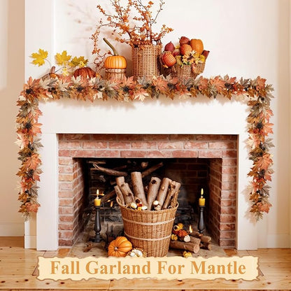6 FT Fall Garland with Lights Timer Function Fall Leaves Garland with Berries Pine Cones Realistic Autumn Automatic ON/Off Timer Fall Decorations for Home Mantle Fireplace Porch Table