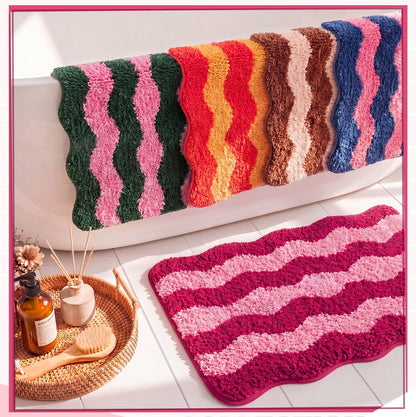 Nuanchu Cute Scalloped Bathroom Rug, Plush Tufted Absorbent Soft Wave Striped Bath Mat 24"x16", Non-Slip Washable Floor Carpet for Bathroom Bedroom Kitchen(Tomato & Pink)