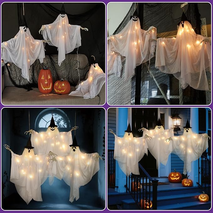 SUNBEAUTY Hanging Ghost, Halloween Decorations Outdoor/Indoor-3Pcs Ghost Decor with Light, Halloween Ornaments, Hallowee n Decor for Tree, Yard, Window, Garden