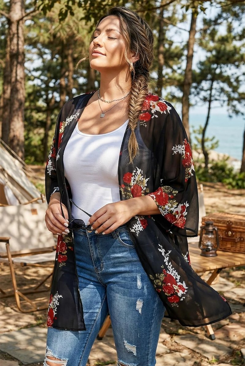 Floral Print Puff Sleeve Kimono Cardigan - Casual Loose Blouse Top for Women | 2026 Style