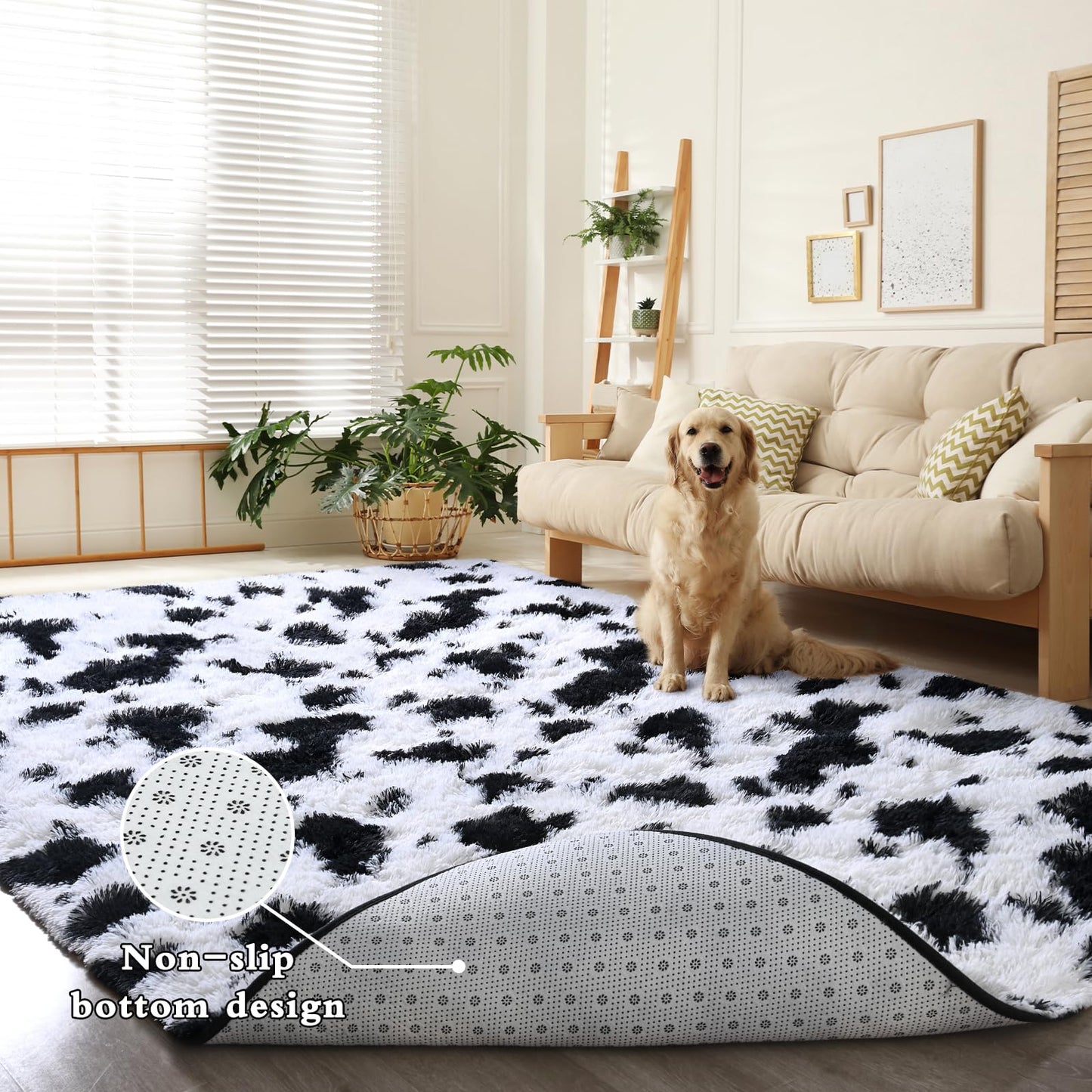 DweIke Fluffy Black White Rugs for Bedroom Living Room, 5x8 Feet Soft Plush Shaggy Cow Hide Print Girls Boys Kids Rug, Non-Slip and Machine Washable Carpet for Dorm Nursery Classroom Decor