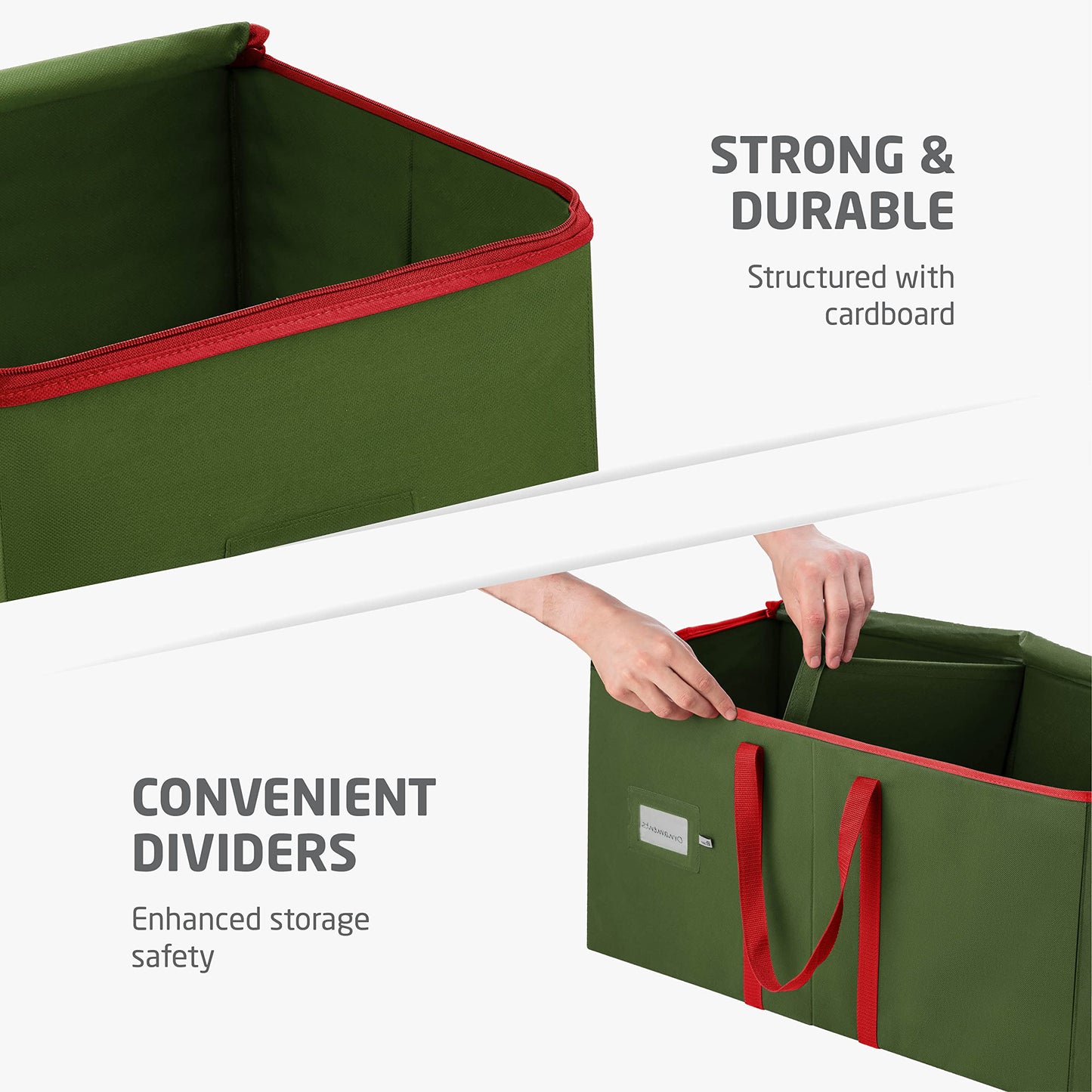 ZOBER Large Christmas Ornament Storage Box - Stores 128 3" Ornaments, With Dividers - Ornament Organizer Storage Box, Durable Christmas Containers Holder - Extra Pockets, Dual Zipper - Green