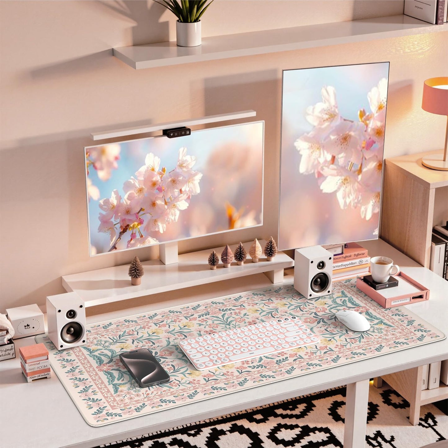 iCasso Pink Floral Desk Mat, Desk Pad, XXL Large Mouse Pad, Anti-Slip Big Mousepad with Stitched Edges, Computer Mouse Pads for Desktop Decor, Cute Office Desk Accessories for Women(Pink)