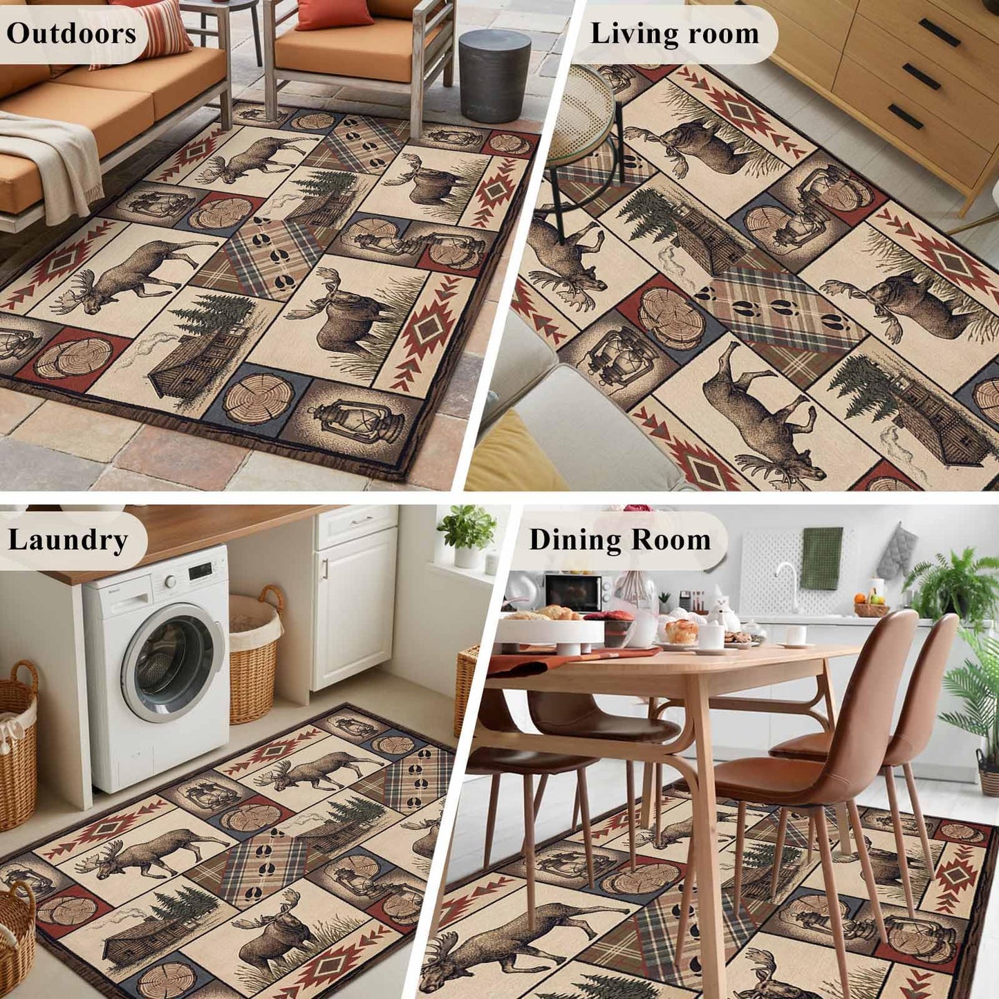 Country Style Washable Rug 4x6 Farm Buck Wooden House Aztec Plaid Patchwork Area Rugs for Living Room Non Slip Non Shedding Floor Carpet Low-Pile Rug for Kitchen Bedroom Entryway Office