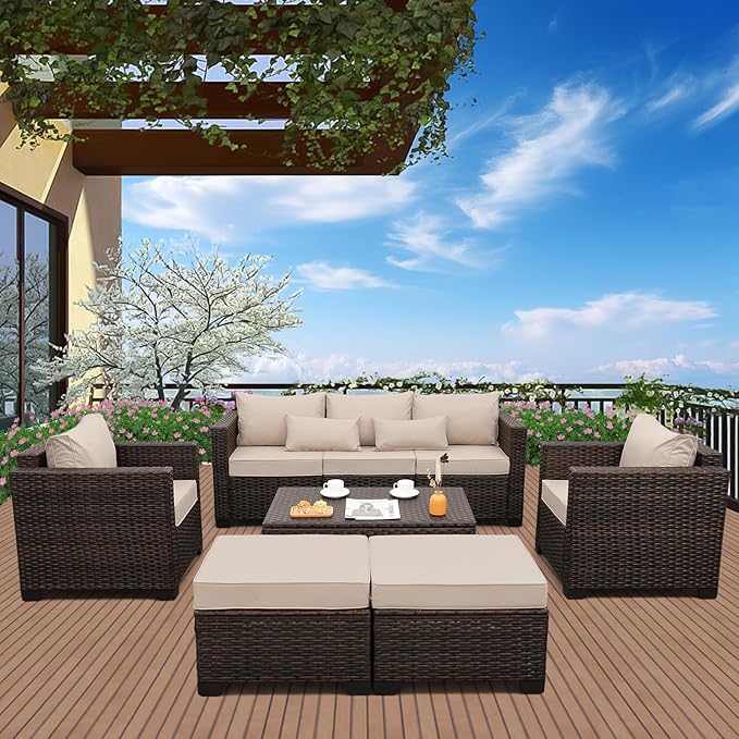 Wicker Patio Furniture Set 6 Pieces Outdoor Furniture Chairs and Couch Storage Table Anti-Slip Cushions and Waterproof Covers, Khaki
