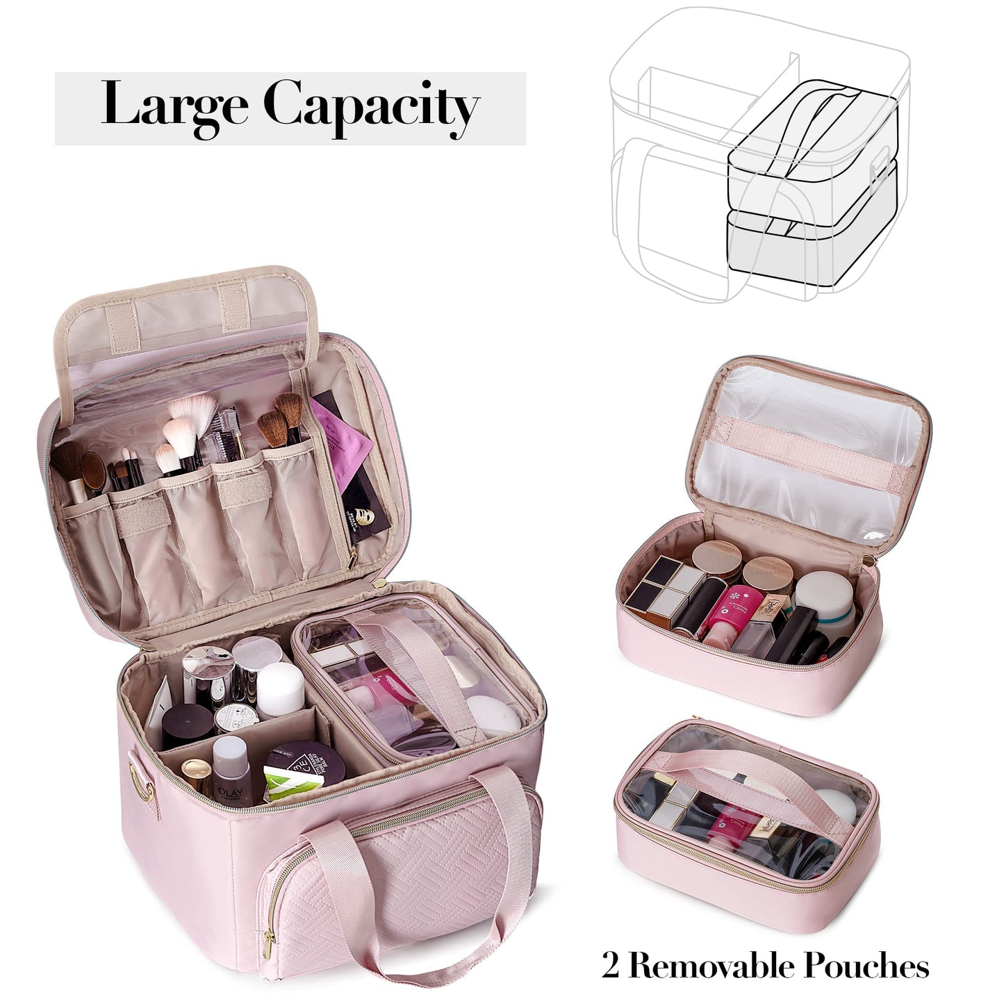 Prokva Travel Makeup Bag with 2 Pouches and Adjustable Dividers, Large Cosmetic Case Make up Organizer for Women Fits Bottles Vertically, Pink (Patented Design)