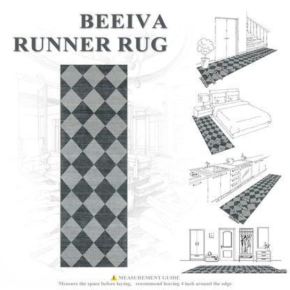 Beeiva Checkered Print Hallway Rug 2x6, Ultra Thin Kitchen Rug Runner Non Slip Washable Carpet Runners for Hallway 6ft, Modern Diamond Stain Resistant Floor Carpet for Bathroom Bedroom Entryway