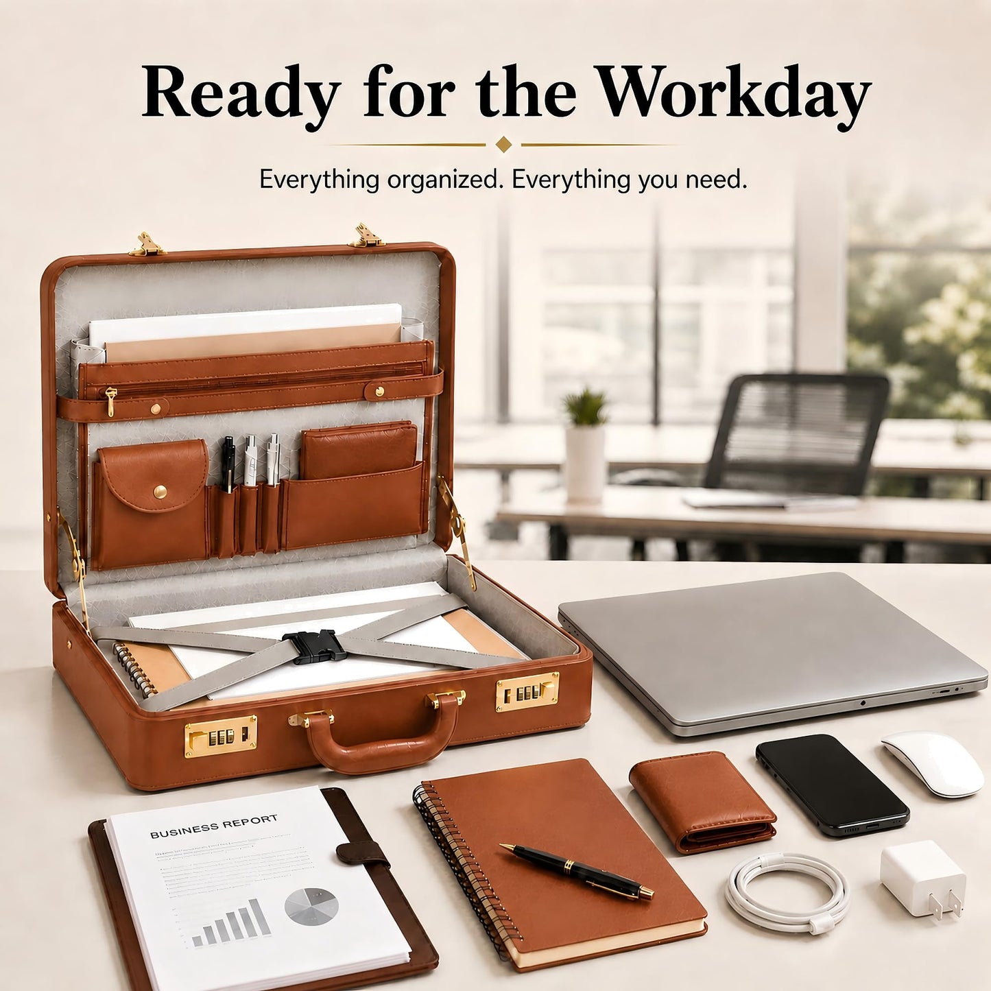 HAESTUS Briefcases for Men, Professional Leather Briefcase with Lock, Hard Shell Business Brief Case, Attache Case for 15.6" Laptop, Men's Hard Briefcase for Work Office Travel, Brown | Dual Lock