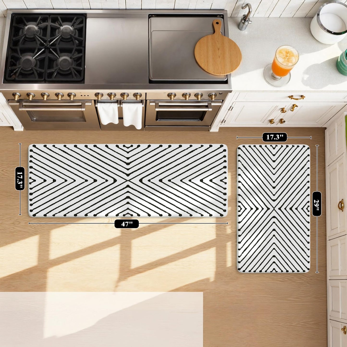 KIMODE Kitchen Mats Cushioned Anti Fatigue, Geometric Kitchen Rugs Sets of 2, Non Slip Waterproof Kitchen Floor Mats, Comfort Standing Mats for Laundry Office Sink Desk 17"x47"+17"x29" Black Diamond
