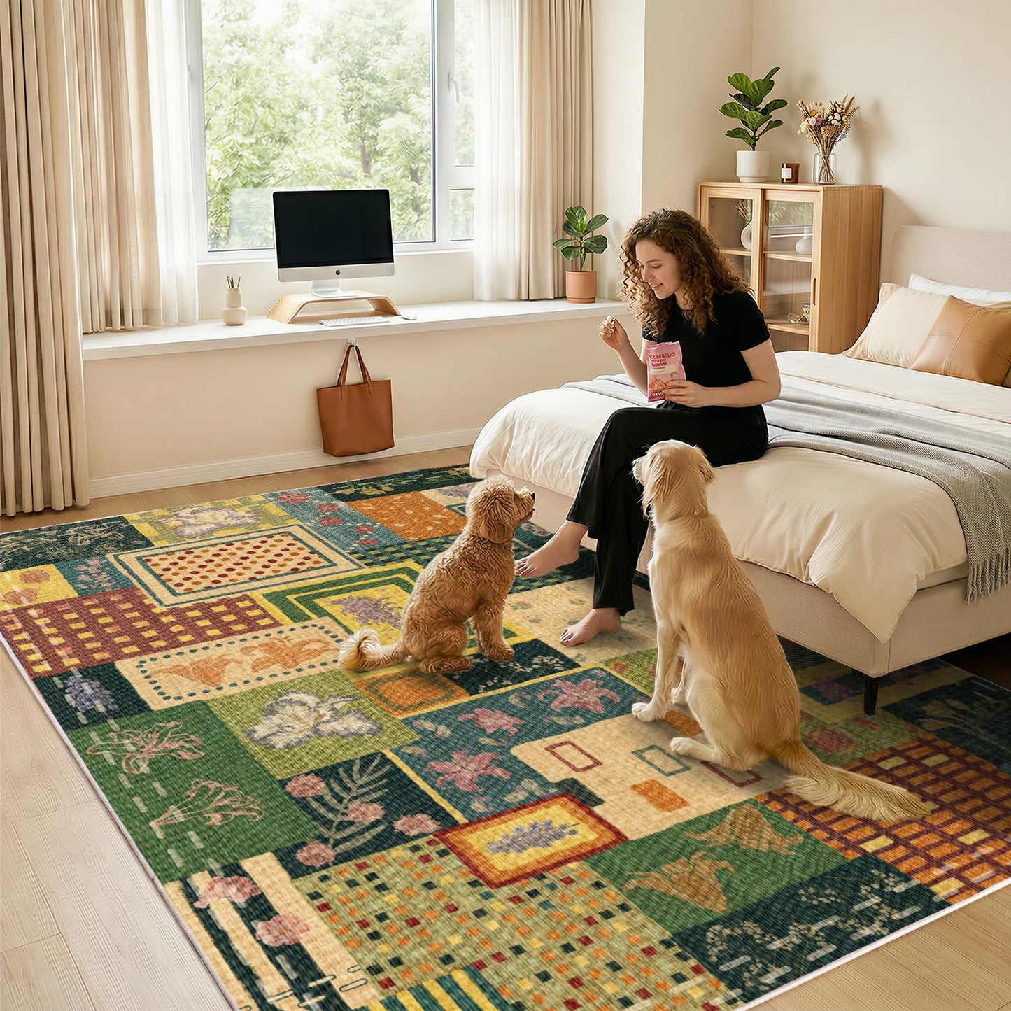 Flowers Patchwork Abstract 8x10 Area Rug, Green Soft Faux Wool Geometric Rugs for Living Room, Non Slip Low Pile Washable Indoor Carpet Rug for Bedroom, Entryway, Dining Room, Home Office Decor