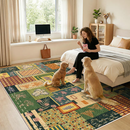Flowers Patchwork Abstract 8x10 Area Rug, Green Soft Faux Wool Geometric Rugs for Living Room, Non Slip Low Pile Washable Indoor Carpet Rug for Bedroom, Entryway, Dining Room, Home Office Decor